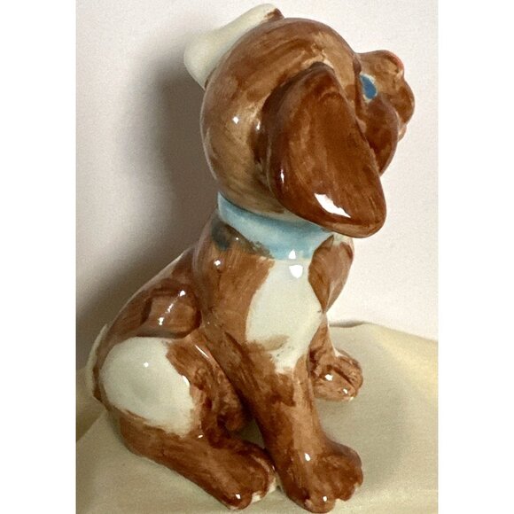 Vintage Ceramic Puppy Dog Figurine Glazed Brown White Ear Blue Eyes - Picture 3 of 6